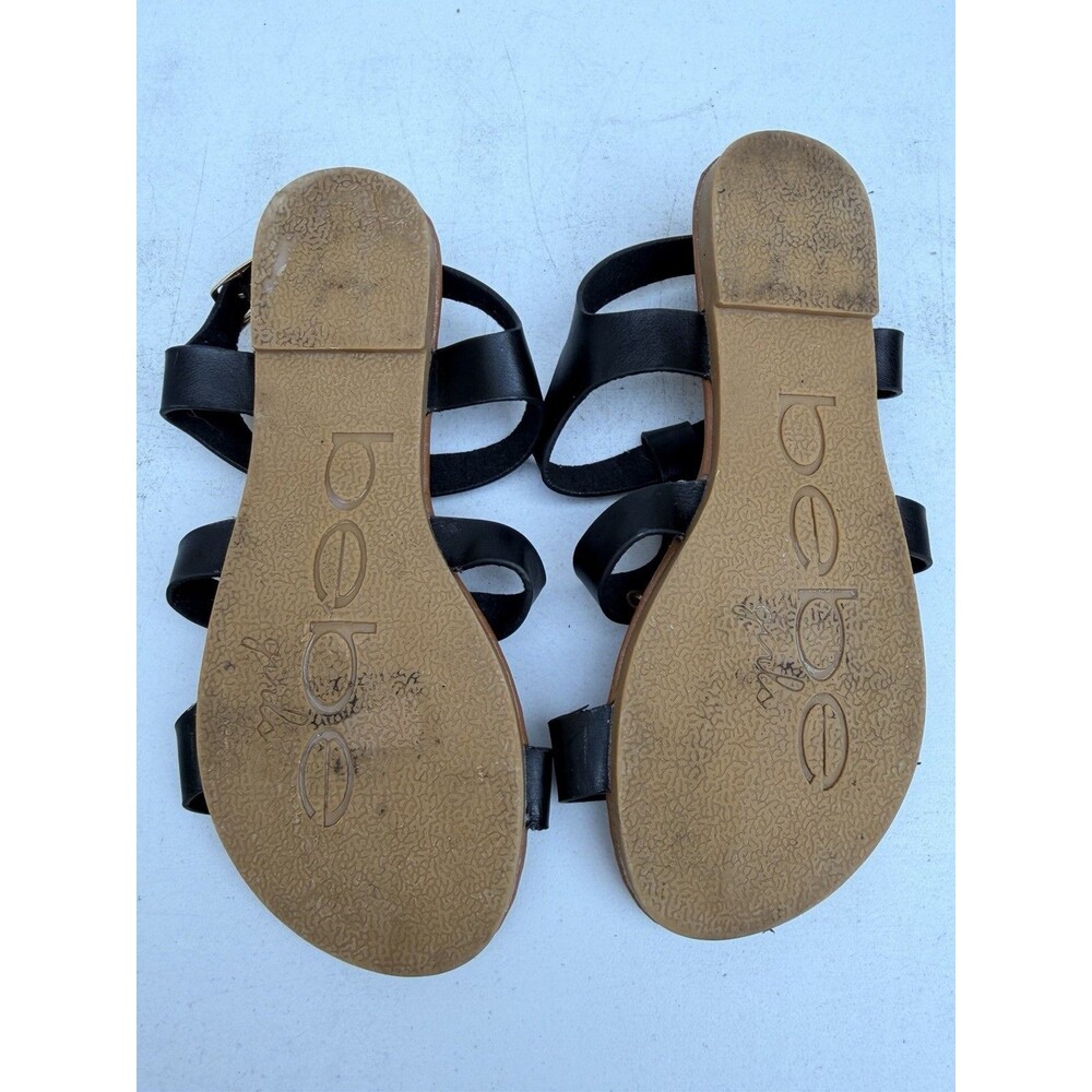 bebe Girls Size 2 Black Gladiator Sandals Rhinestone Logo Ankle Strap Gold Studs - Picture 4 of 4